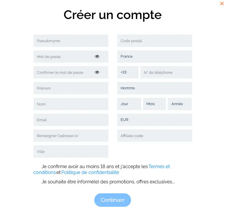 Processus d'inscription Winsmania Casino